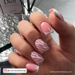 Short Acrylic Nails With Pink Base And White Lines
