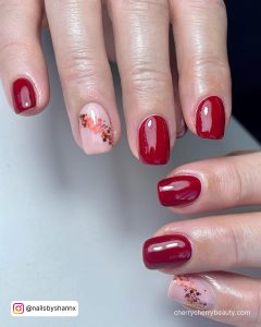 Short Dark Red Valentines Nails With One Milky White Nail With Red Glitter Design