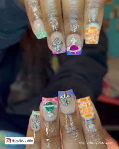 Short French Tip Acrylic Nails With Vibrant Designs