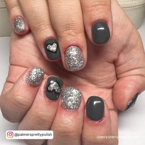 Short Grey And Silver Glitter Valentines Nails With Glitter Heart