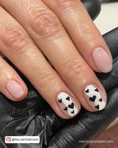 Short Nude And Chrome Simple Valentine Nails With Black Hearts On The Chrome Nails