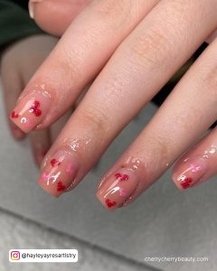 Short Nude Nails With Simple Pink And Red Hearts