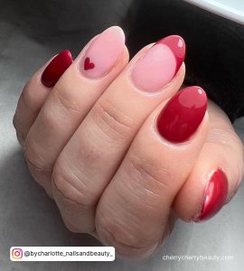 Short Red Simple Red Valentines Nails With Red French Tip Design And Small Red Heart