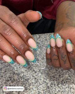 Short Round Acrylic Nails With Turquoise And White Tips