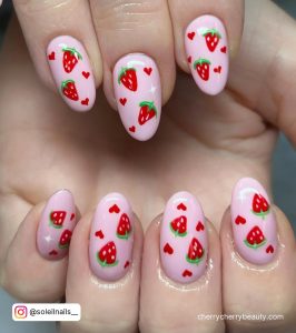Short Round Tip Valentines Nails Pink With Red Strawberry And Heart Designs