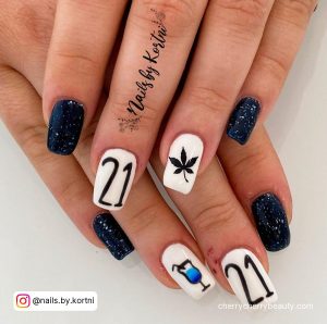 Short Square Tip Black And White Nails With Leaf Design, Cocktail Design And 21 Written In Black