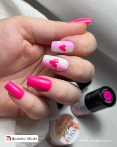 Short Square Tip Hot Pink Valentines Nails With Hearts On Light Pink Nails