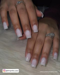 Short White Acrylic Nails With Rhinestones With Rings