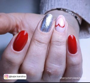 Silver And Red Short Valentine Nails With Glitter And A Red Heart Outline