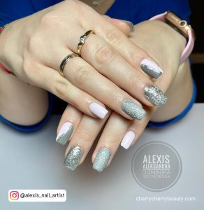 Silver And White Acrylic Nails In Square Shape