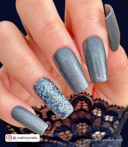 Silver Blue Nails In Square Shape