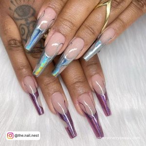 Silver Coffin Nail Designs With Multi Colored Tips