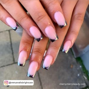 Silver French Tip Acrylic Nails With Pink Base Coat