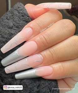 Silver French Tip Coffin Nails With Swirls