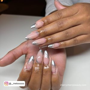Silver French Tip Nail Designs In Stilleto Shape
