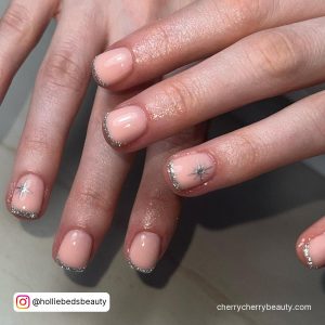 Silver Glitter French Tip Nails With Nude Base Coat