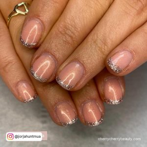 Silver Glitter Nail Tips With Nude Base Coat