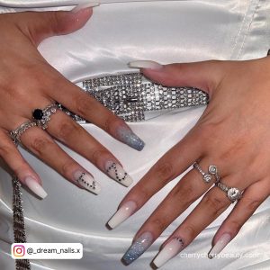 Silver, Grey And White Coffin Nails With Ombre And 21 Written In Crystals
