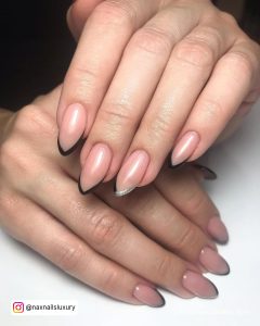 Silver Nails With Black Tips With Nude Base