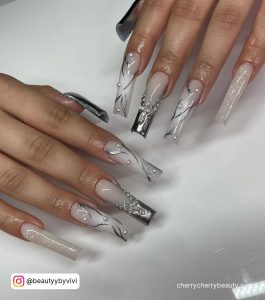 Silver Prom Nails In Coffin Shape