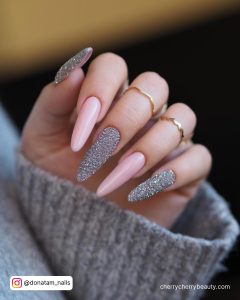 Silver Sparkle Nails In Stilleto Shape