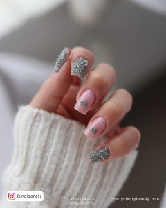 Silver Sparkle Nails With Pink Combination