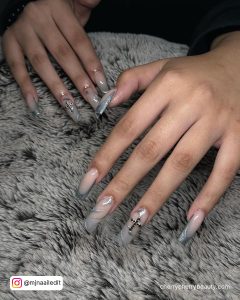Silver Sparkly Coffin Nails With Swirls