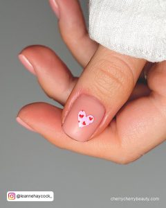 Simple Pink And Red Heart Valentine Nail Designs Short On Nude Nails
