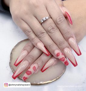 Simple Red Coffin Nails For Valentines Day With V Tip And Kiss Design
