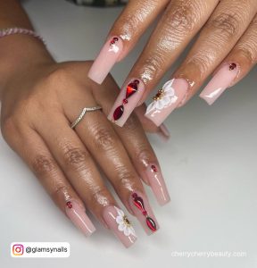 Simple White Flower Nail Designs With Rhinetsones