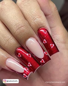 Square Chrome Red Nails With Two French Tips And Small Red And White Hearts