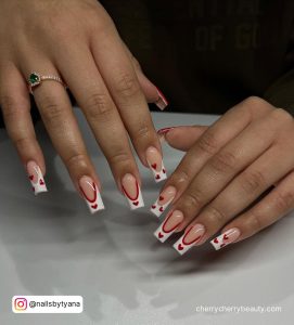 Square French Tip Nails With Red Hearts On The Tips