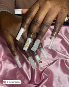 Square Long White Acrylic Nails With Different Design On Each Finger