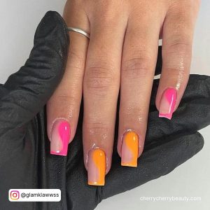 Square Pink Acrylic Nails With Mustard Combo