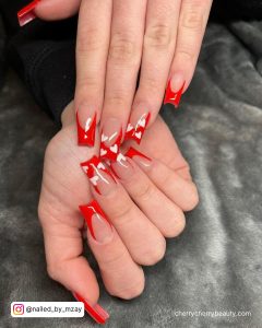 Square Red Tip Nails Valentine'S Day With White Hearts In The Tips