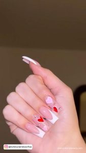 Square Tip French Tip Nails With Pink And Red Heart Design