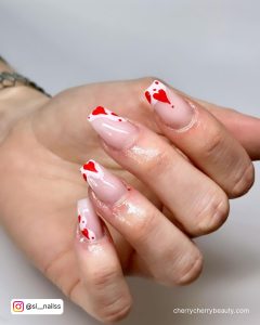 Square Tip French Tip Valentines Day Nails Designs With Bright Red Heart Design On The Tips