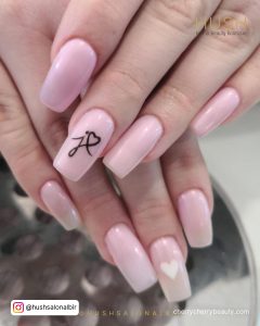 Square Tip Light Pink Nails With A Black J And Heart Design On One Nail