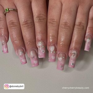 Square Tip Light Pink Valentine Nails With Hearts And Silver Gems