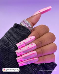Square Tip Long Valentine Nails Pink With Two Shades Of Pink Split Design And Small Pink Hearts