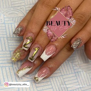 Square Tip Nude And White French Tip Nails With Gold Glitter, Gold Chrome Designs, Gold Chrome Tip And 21 Written In Gold Chrome