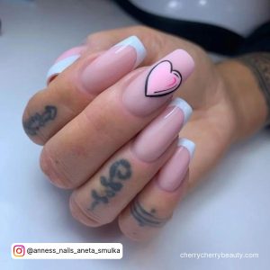 Square Tip Pink Nails With White French Tip And A Pink And Black Cartoon Nail Art Design