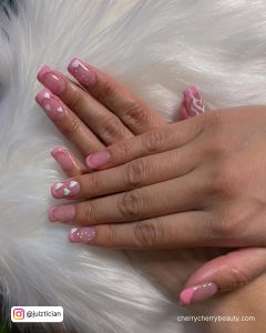 Square Tip Pink Valentine Gel Nails In Light Pink With French Tip Design And White Heart Design