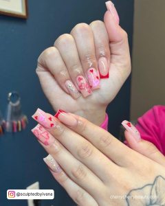 Square Tip Red And Pink Acrylic Nails Valentine'S Day With French Tip And Heart Designs