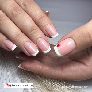 Square Tip Simple French Tip Valentine Nails With One Red Heart