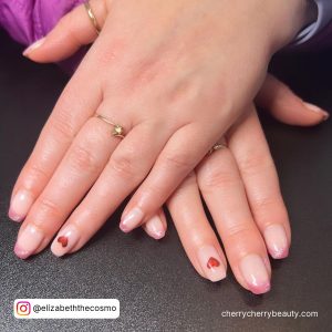 Square Tip Simple Nude Valentines Day Nails With A Red Heart And Pink French Tips