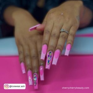 Summer Pink Acrylic Nails With Rhinestones