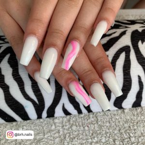 Swirly Coffin Pink And White Summer Nails Over Zebra Print Clothe