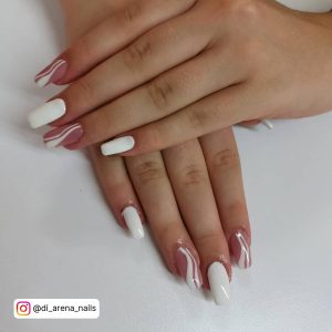 Swirly Nude And White Summer Nails Ideas On White Surface