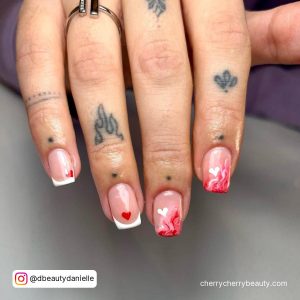 Valentine'S Nails Short With French Tip Design, Pink Marble Effect And Small White Hearts